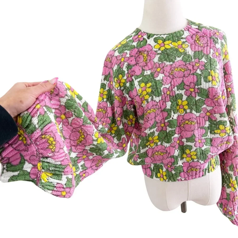 Show Me Your Mumu Pink/Green Floral Print Sweater Women's Size Small Crew Neck